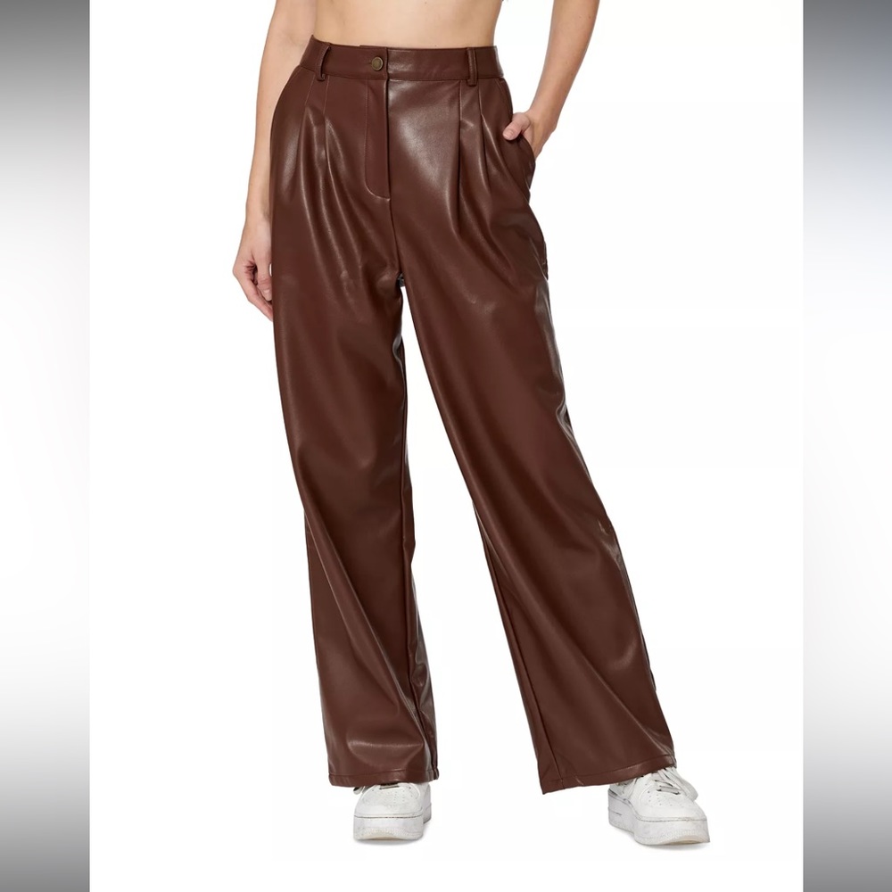 NWT Sofia Richie x Bar III Pleated Faux Brown Leather Pants Womens Size 8